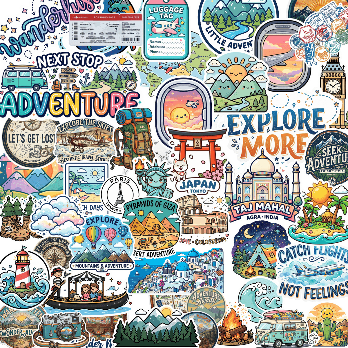 51pcs Travel Sticker Pack – Waterproof Vinyl Decals for Luggage & Hydroflasks