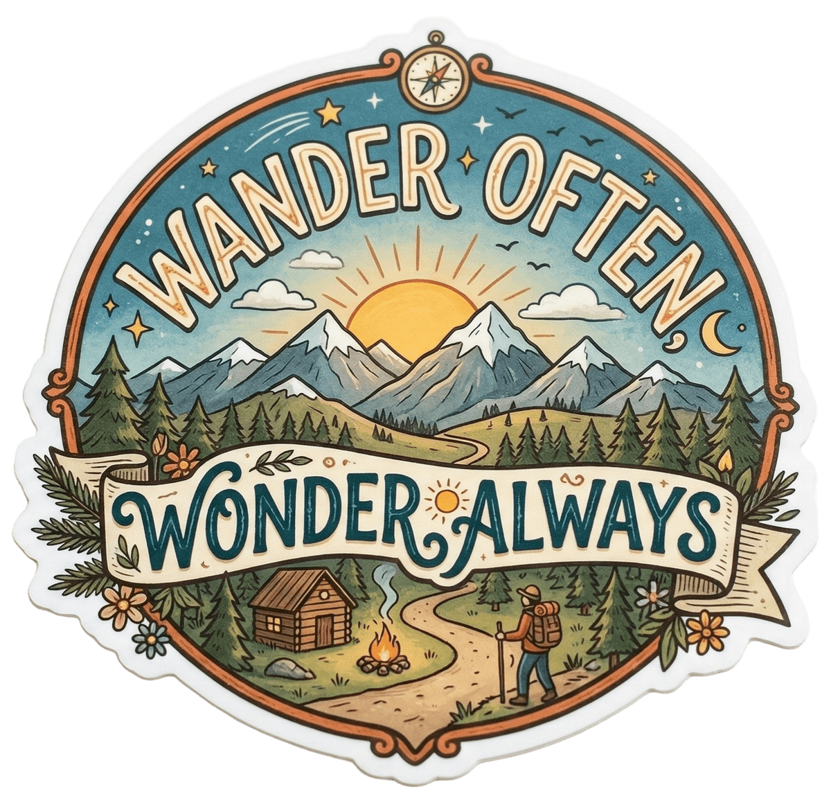 Wonder Often, Wonder Always Sticker – Mountain Adventure & Nature Travel Sticker