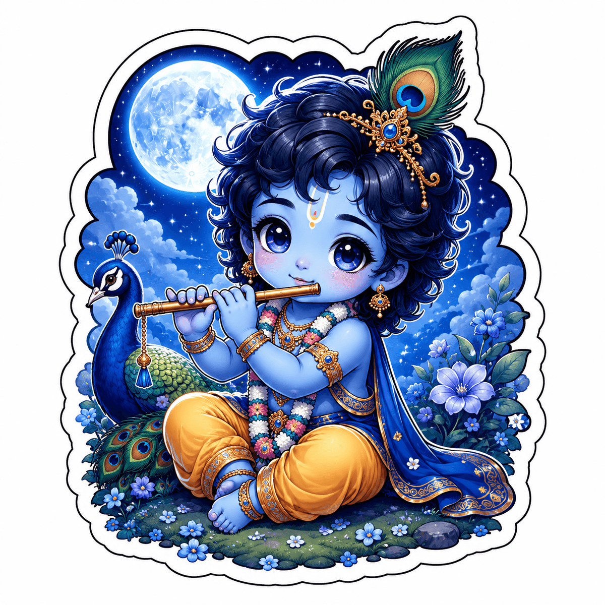 Moonlit Little Krishna Flute Sticker