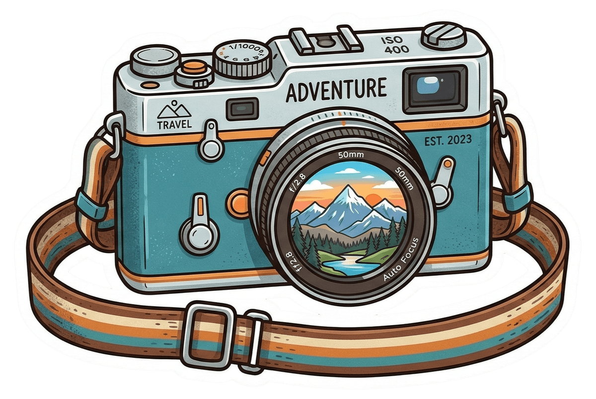 Adventure Through the Lens Travel Camera Sticker