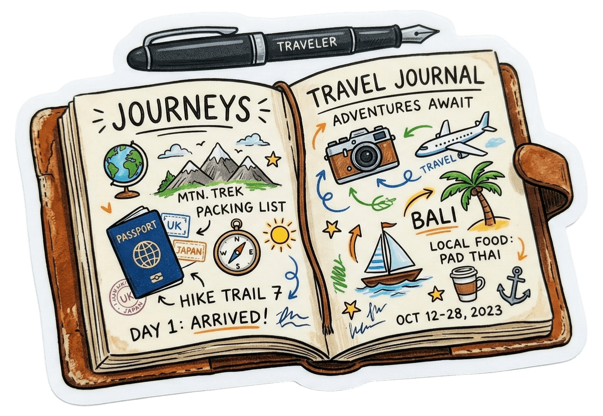 Travel Journal Adventures Sticker – Wanderlust Notebook Doodle