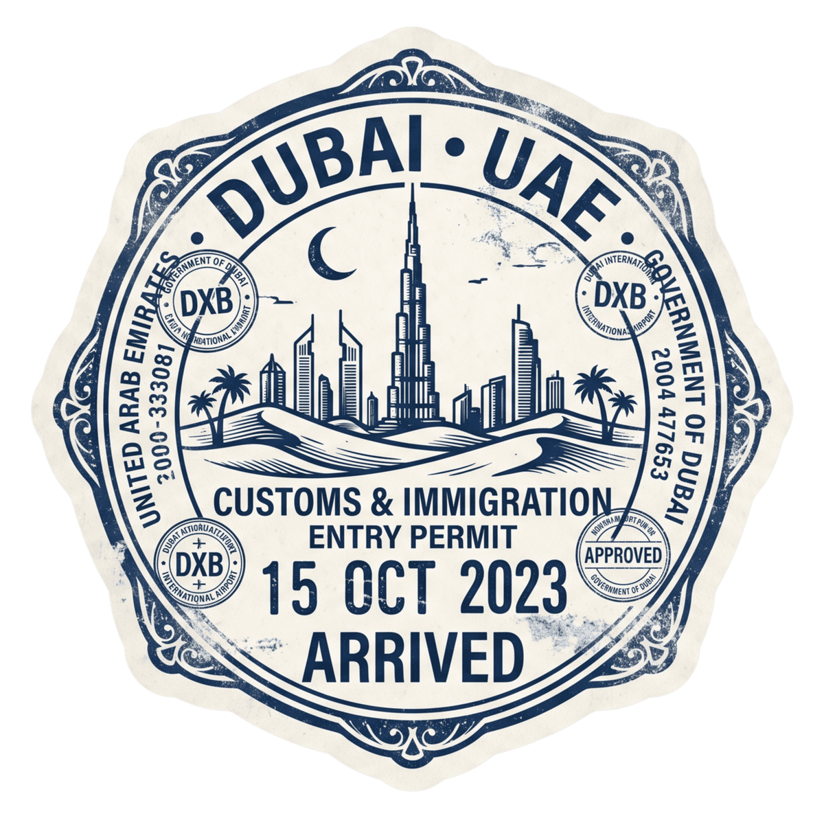 Dubai, UAE Vintage Passport Stamp Sticker – Desert Skyline Travel Badge