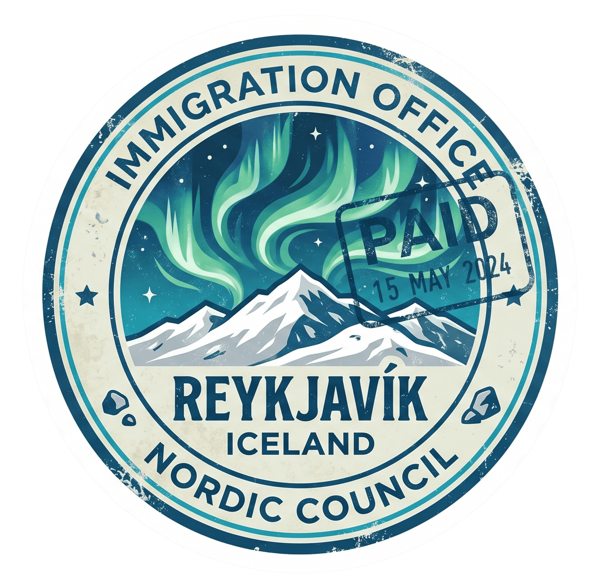 Reykjavík, Iceland Vintage Passport Stamp Sticker – Northern Lights Travel Decal